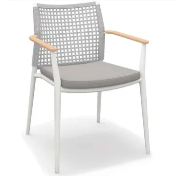 Factory Direct All-Weather Aluminum Frame Gray Rope Woven Teak Wood Armrest Dining Chairs