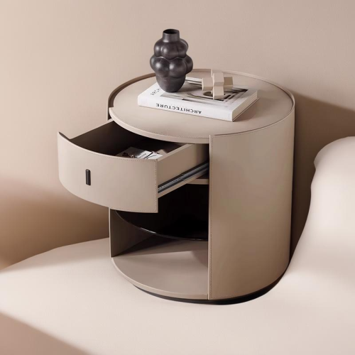 Luxury White Faux Leather Glass Nightstand with Drawer