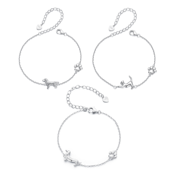 Niedliche Katzenhundlebensbaum vier Blattklee 925 Sterling Silber Armband für Unisex