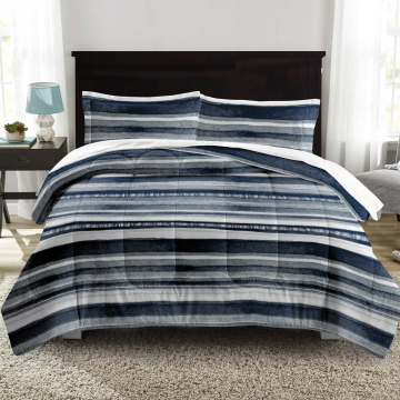 Full Comforter Set 3 PCS All Season Navy Stripe Bedding Set with Pillow Shams