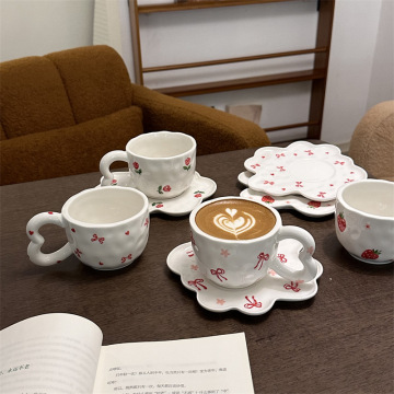 Hand-Painted Korean Strawberry Flower Ceramic Coffee Mugs with Saucers and Plates