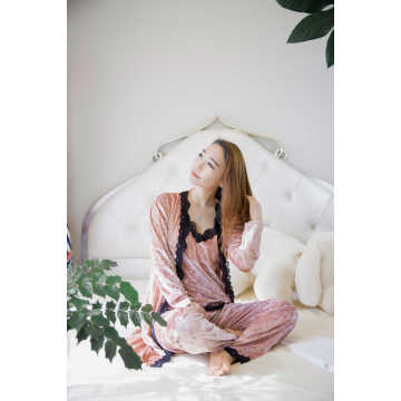 Conjunto de pijama coreano de lã rosa e renda