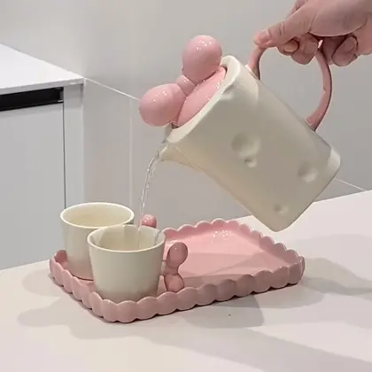 Cheese-Inspired Ceramic Tea Set with Pink Ribbon