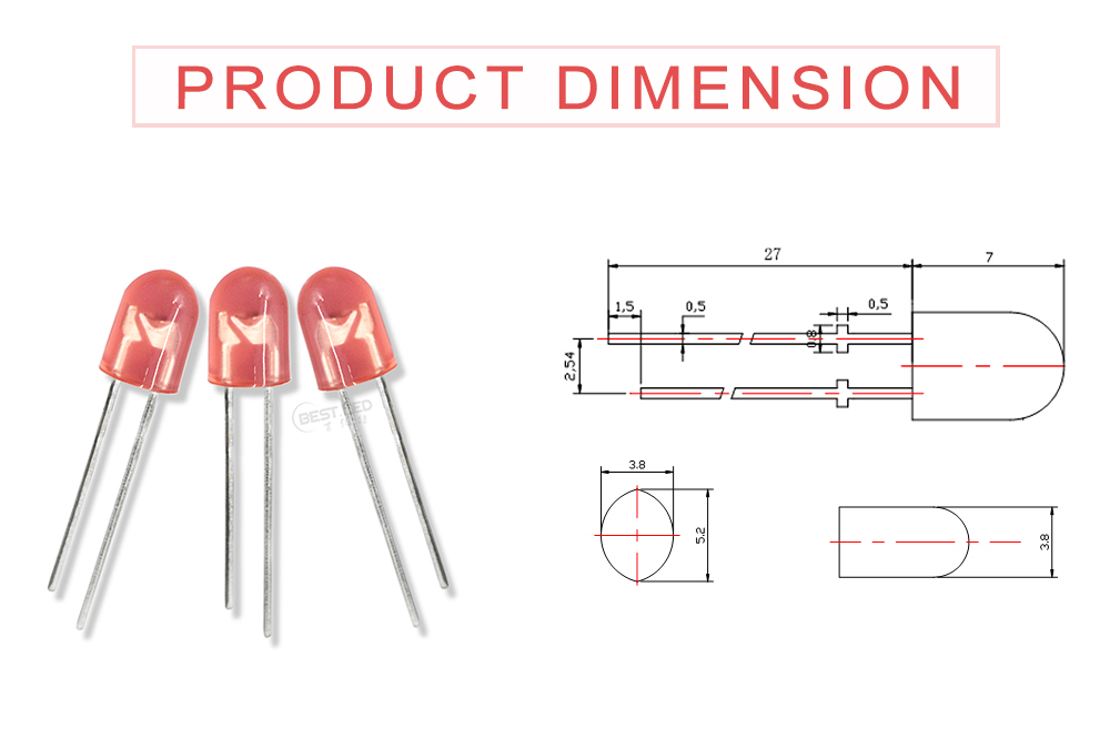 Size of 546FRD62D3L12 Super bright Oval LED 5mm red LED Lamps with no stopper pins red diffused lens