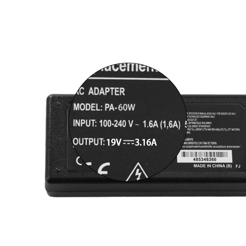 Laptop Power Adapter for Acer 19V3.16A 60W Notebook