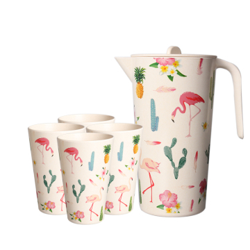 Biodegradable bamboo fiber water pitcher with 4 cups and lid