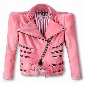 Women's Leather Jacket with Belt at Bottom, Available in Pink