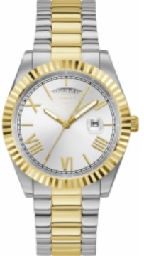 GW0265G17 Men Full Silver Recycled Steel Quartz Watch, Fluted Coin Bezel Deep Blue Sunray Dial Roman Numeral Dual Day Date Windo