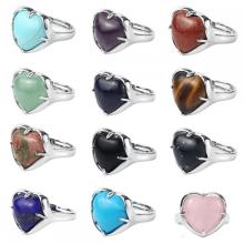 Gemstone Heart Rings Natural Stone Crystal Adjustable Rings for Women Wedding Ring Silver Plated Copper Ring