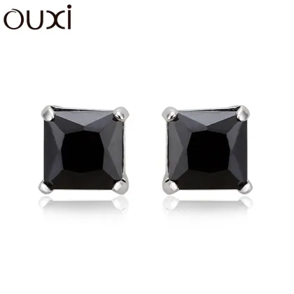 Silver wedding jewelry square shape cubic zircon paved 925 sterling silver stud earrings