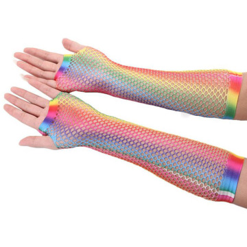 1Pairs Sexy Rainbow Mesh Gloves Women Long Short Fingerless Gloves Ladies Net Glove Fishnet Mittens Fashion Hollow Guantes Mujer