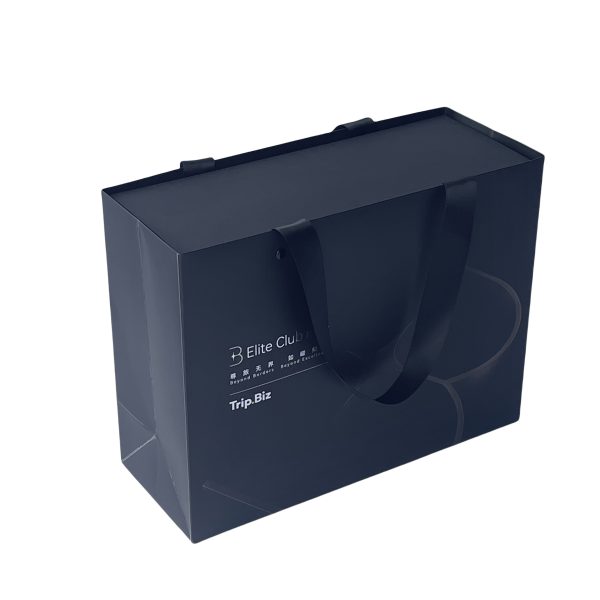 Ribbon Handle Black Paper Bag for Boutique Clothing