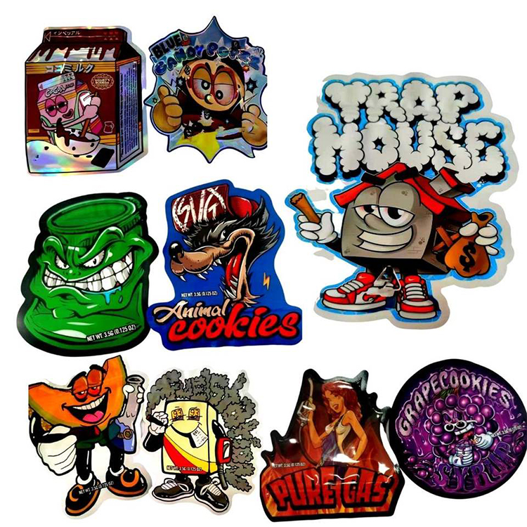 Custom print resealable 3.5g 8th 3.5 empty cookie candy special shaped ziplock smell proof cutout cali packs die cut mylar bags6