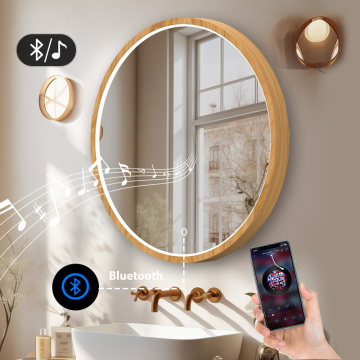 Round Defogging Dimming Bluetooth Music Mirror with Light - Wooden Frame Minimalist Bathroom Mirror