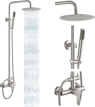 Brushed Nickel Dual Function Rainfall Shower Head and Faucet Combo Set