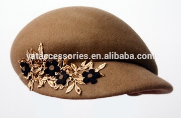 100% wool felt fashion women cap hats in tan color with matching lace flower trim