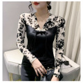 Vintage Chinese style flocked patchwork T-shirt