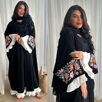 Black Crepe Open Abaya with Embroidered Sleeves