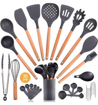 Sendi in vendita calda utensili da cottura da cucina in silicone set con manico in legno