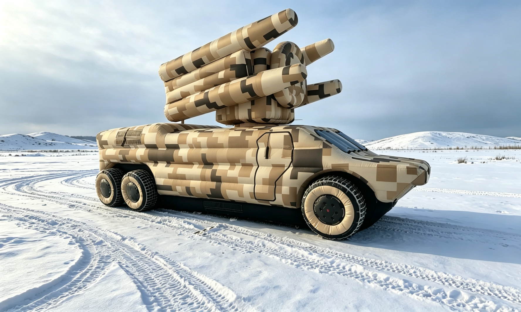 Inflatable camouflage launch vehicle decoy in snow
