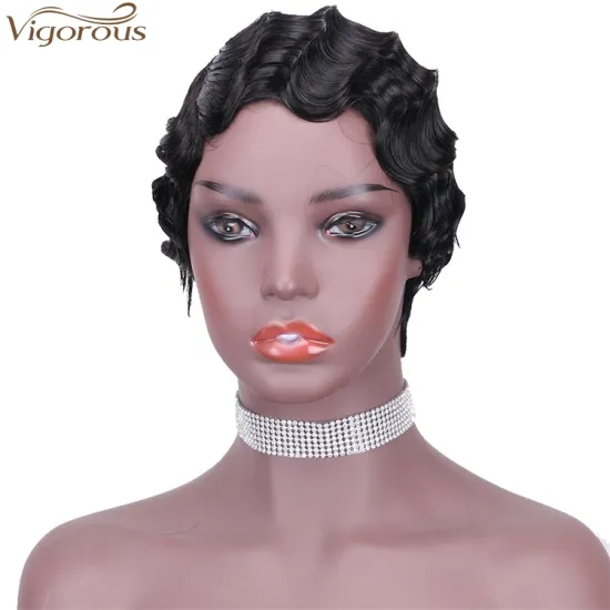 Vigorous Pixie Cut Black Short Curly Wigs for African American Women Real 100% Human Hair Finger Wave Wig