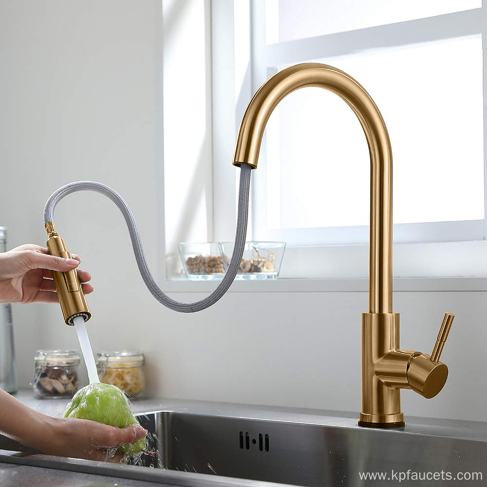 Brush Gold Kitchen Faucet Pull Down Hot And Cold Mixer 360 Degree Rotating Kitchen Faucets