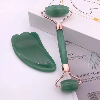Jade Roller, Gua Sha, and Eye Massager Set for Warm and Cool Facial Massage