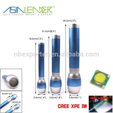 Dia. 53*255mm+ Dia. 45*215mm+ Dia.35*185mm, XPE 3W Aluminium Zoom Flashlight Set