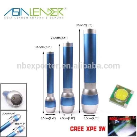Dia. 53*255mm+ Dia. 45*215mm+ Dia.35*185mm, XPE 3W Aluminium Zoom Flashlight Set
