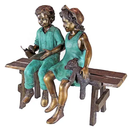 Outdoor garden decoration bronze children siting on bench sculpture statue