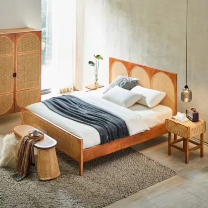 Nordic Simple Modern Master Bedroom Double Solid Wood Rattan Bed