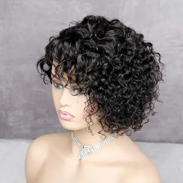 180% Density Short Pixie Cut Curly Wig Natural Black 13x4 Human Hair Pixie Bob Closure Wig With Bleached Knot For Women