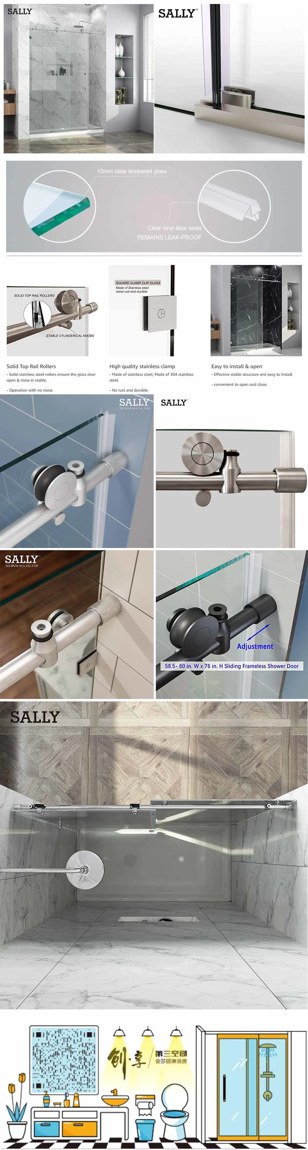 Sally Bathroom Alcove Enclosure Stainless Steel Rectangular Frameless Single Sliding Glass Shower Door with Fixed Side Panel