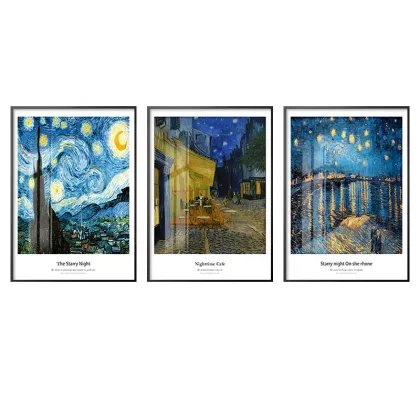 Starry Night Sunflower Triptych - Van Gogh Inspired Living Room Wall Art