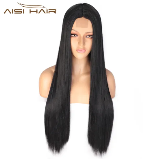 Aisi Hair Long Silky Straight Black Wig Middle Part Lace Front 26 Inch Synthetic Front Lace Hair Wigs For White Black Women