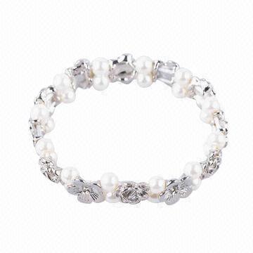 Stretch Cream Glass Pearl and Silver Casting Flower Bracelet, Best Sell Item, for Summer/Spring