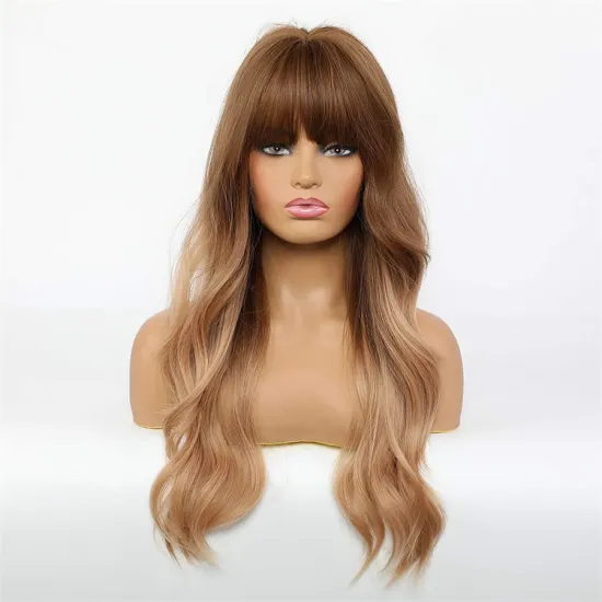 Long Brown Ombre Synthetic Wigs Water Wave Women's Wigs with Bangs Heat Resistant African American Hair