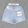 Hellblau Hign-taistierte elastische Perlen-Denim-Shorts