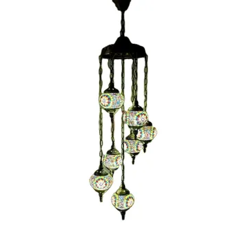 Traditional Luxury 7-Bulb Mosaic Glass Turkish Hanging Lamp for Hotel Décor