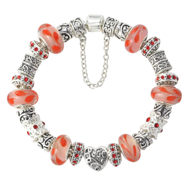Silver Love Heart Red Charm Bead Bracelets
