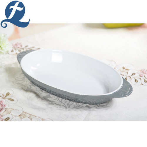 Printed Gray Carved Oval Shape Ceramic Baking Dish