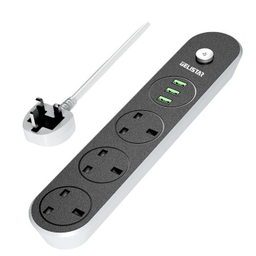 2023 New UK Standard Power Socket 3 Outlets 3 USB Ports Black Power Strip