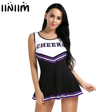 Womens Cosplay Party Costume Cheerleader School Uniform Sleeveless Round Neck Printed 