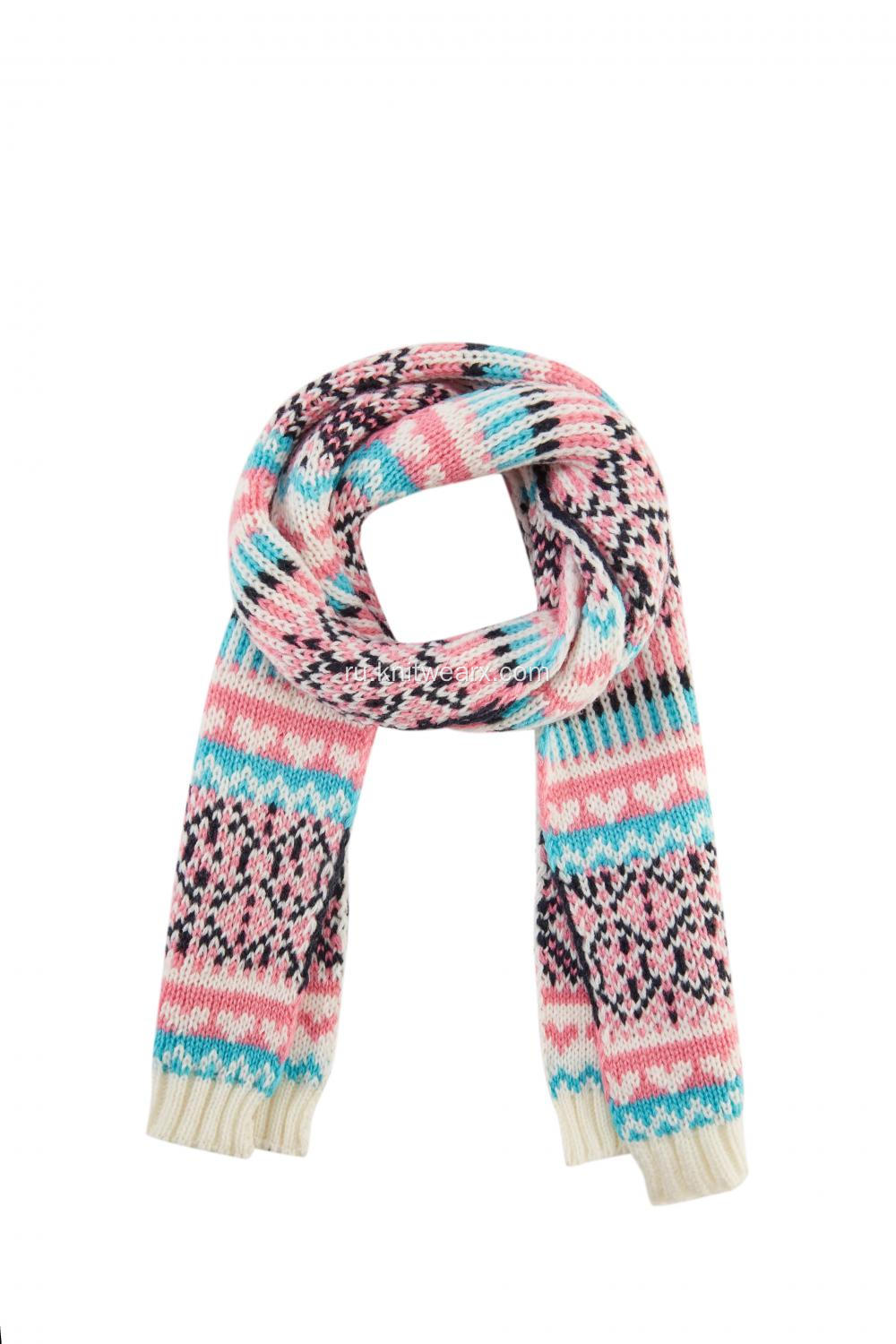 Вязаный новогодний шарф из жаккарда со снежным узором для девочек