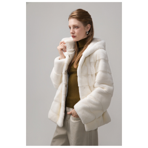 KC Fur Velvet Horizontal Draw Knife Hooded Mink Jacket For Women