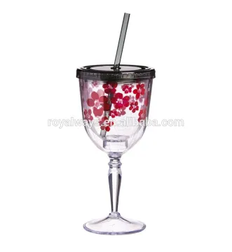 High transparent 12oz double wall plastic wine glass with black lid