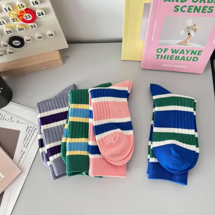 Korean striped mid tube socks with colored cotton socks