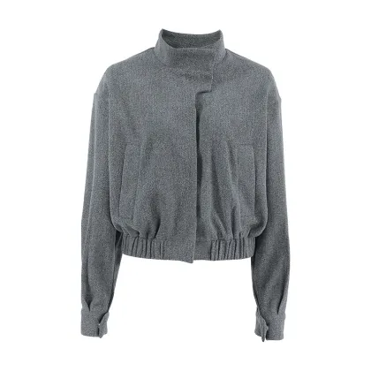 2024 Women's Woolen Gray Long Sleeve Irregular Jacket with High Collar