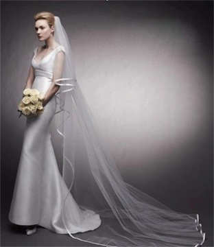 Two-Layered White Long Wedding Veil with Ribbon Edge for Bride