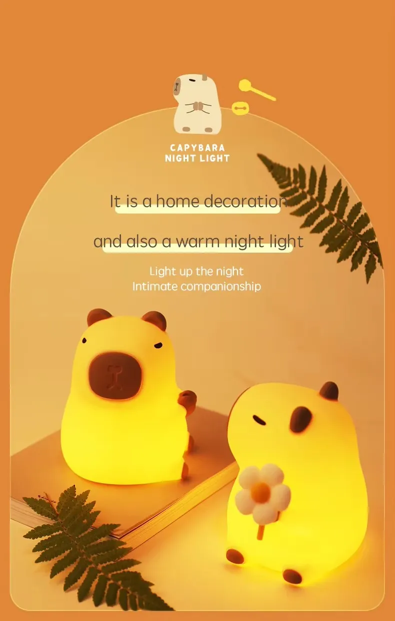Capybara, luz nocturna de silicona, carga de carga Pat Light Capybara Lámpara